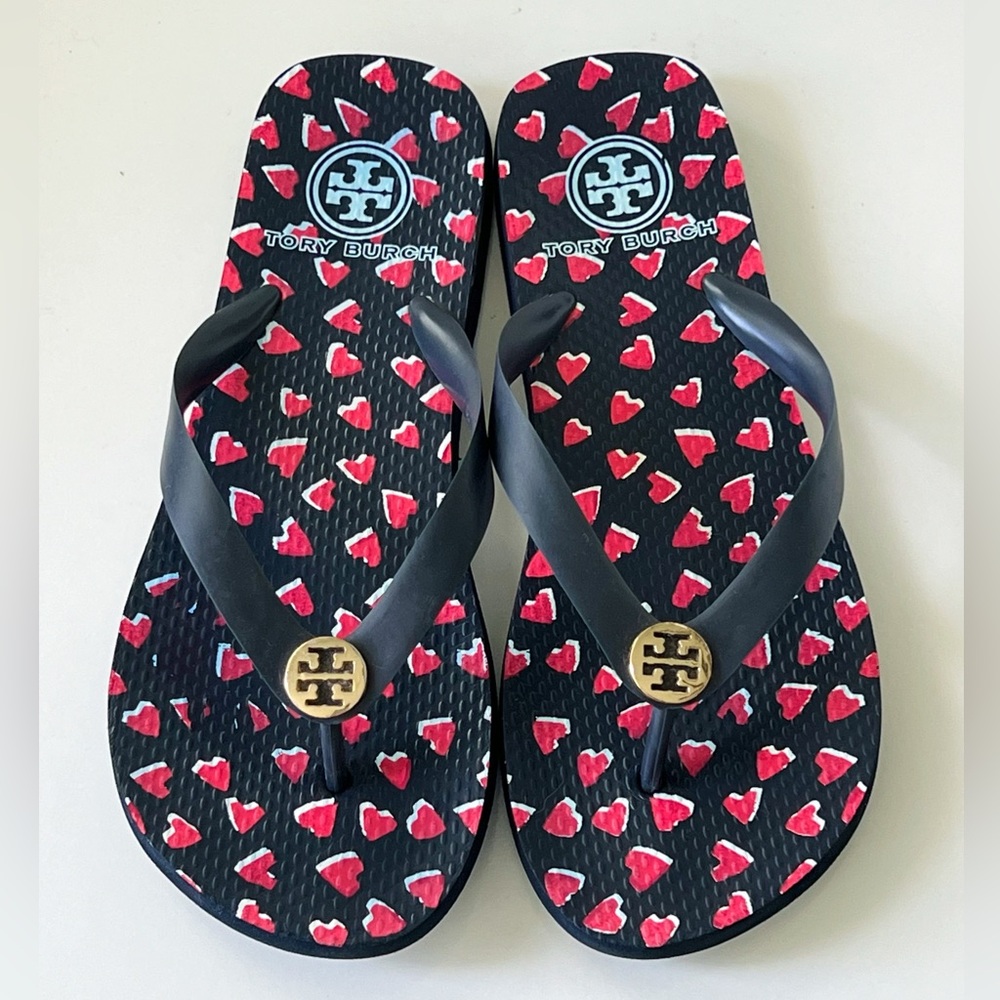 Tory Burch Black with Red Hearts Flip Flop Thong Sweetheart Sandals - Picture 2 of 7